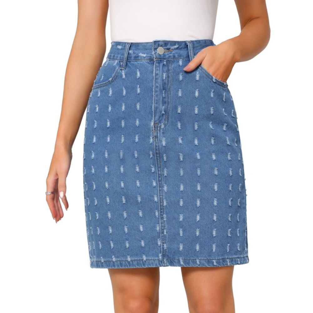 Women's Ripped Swiss Dots Denim Skirt Blue